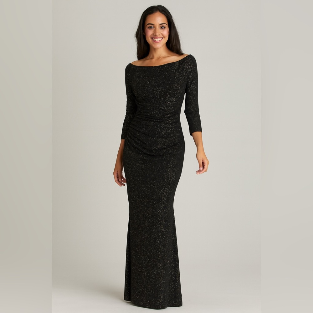 VTG Candalite Formal Maxi Dress Black W/Gold Glitter Y2K Sheer Cocktail Glam‎ PS